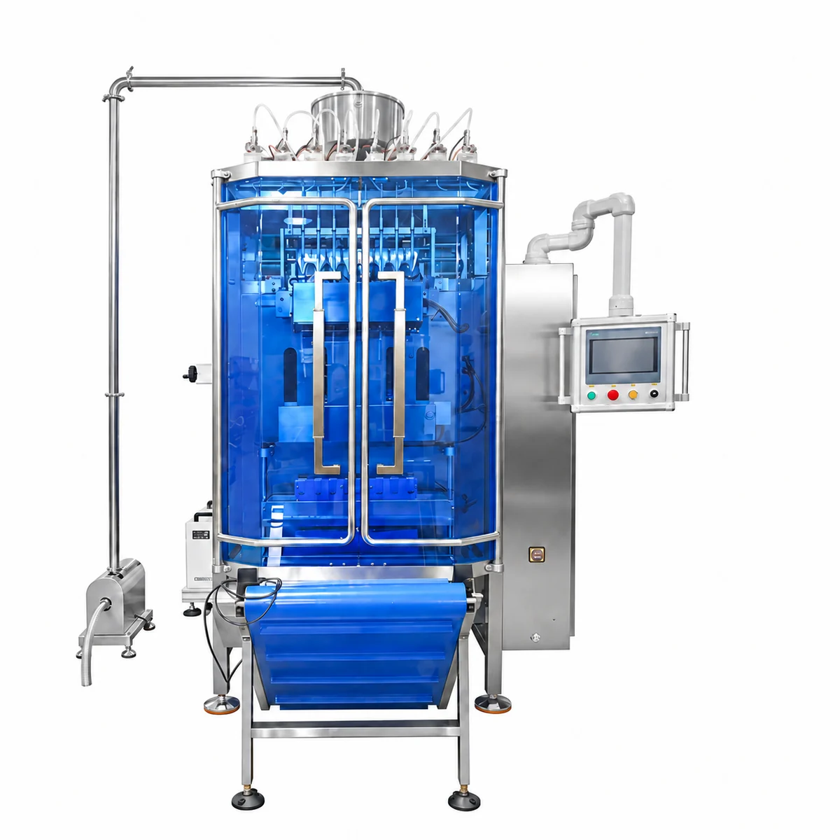 Liquid stick pack equipment with blue guarding, product tubes and a control panel