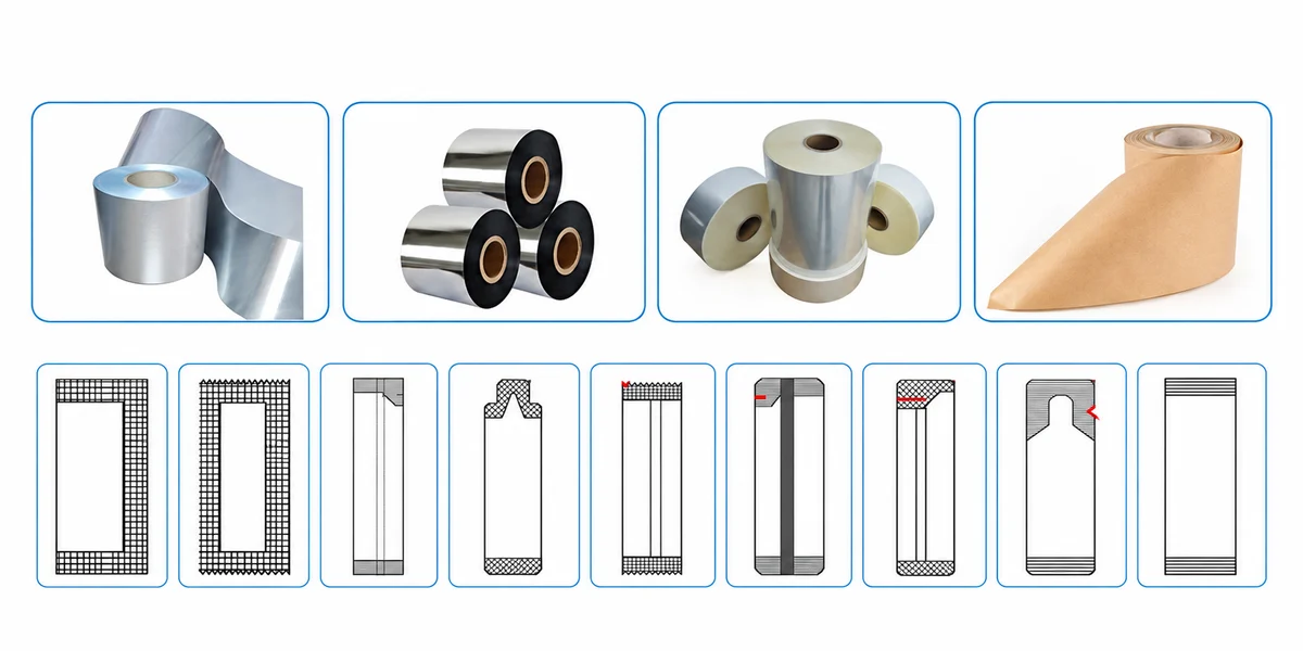 Four examples of roll film above nine schematic pouch seal layouts