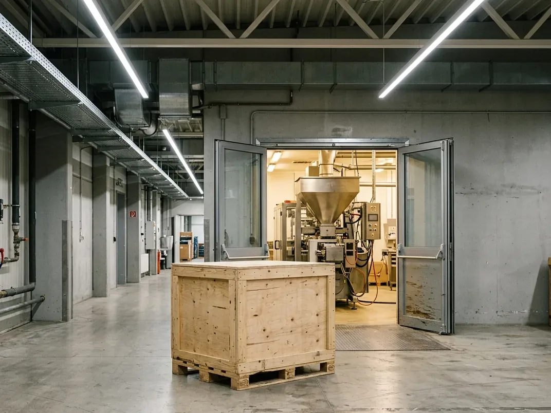 A closed wooden shipping crate on a pallet in a factory corridor in front of an open double doorway, with a cable tray, ducting and strip lights overhead and a machine hopper visible in the room beyond