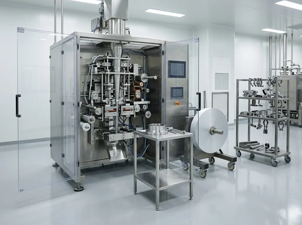 A stainless vertical packing machine standing idle with both clear guard doors swung open, a removed part on a small stainless trolley, a film reel on a wheeled cart and a rack of change parts beside it