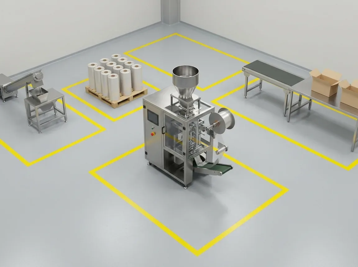 Elevated view of a packaging room floor marked with yellow tape into zones: a stainless packing machine in the centre, a screw feeder on the left, a pallet of film rolls, an empty zone by the back wall and a conveyor leading to a table with empty cartons