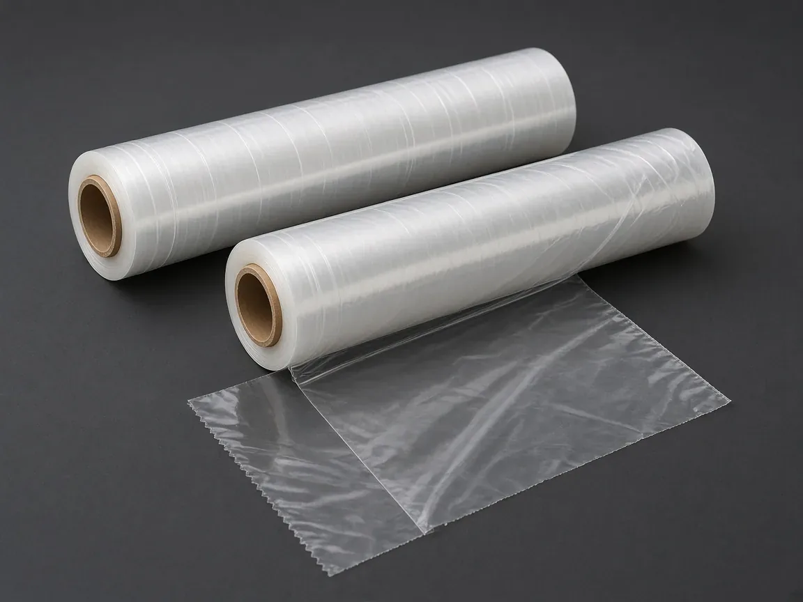 Two unlabeled clear film rolls and a short wrinkled length of film on a dark bench