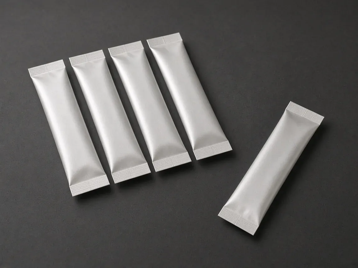 Blank stick packs on a dark bench, most of them grouped together and one pack set apart