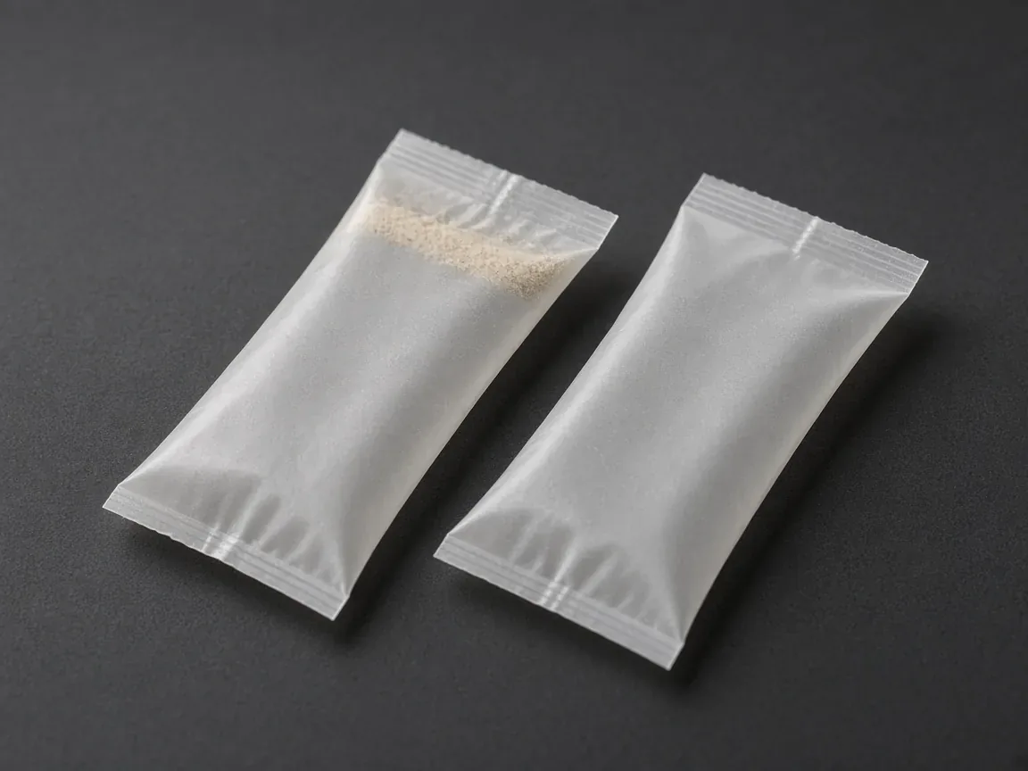 Two blank stick packs on a dark bench, one with pale powder in the end seal and one with a clean seal