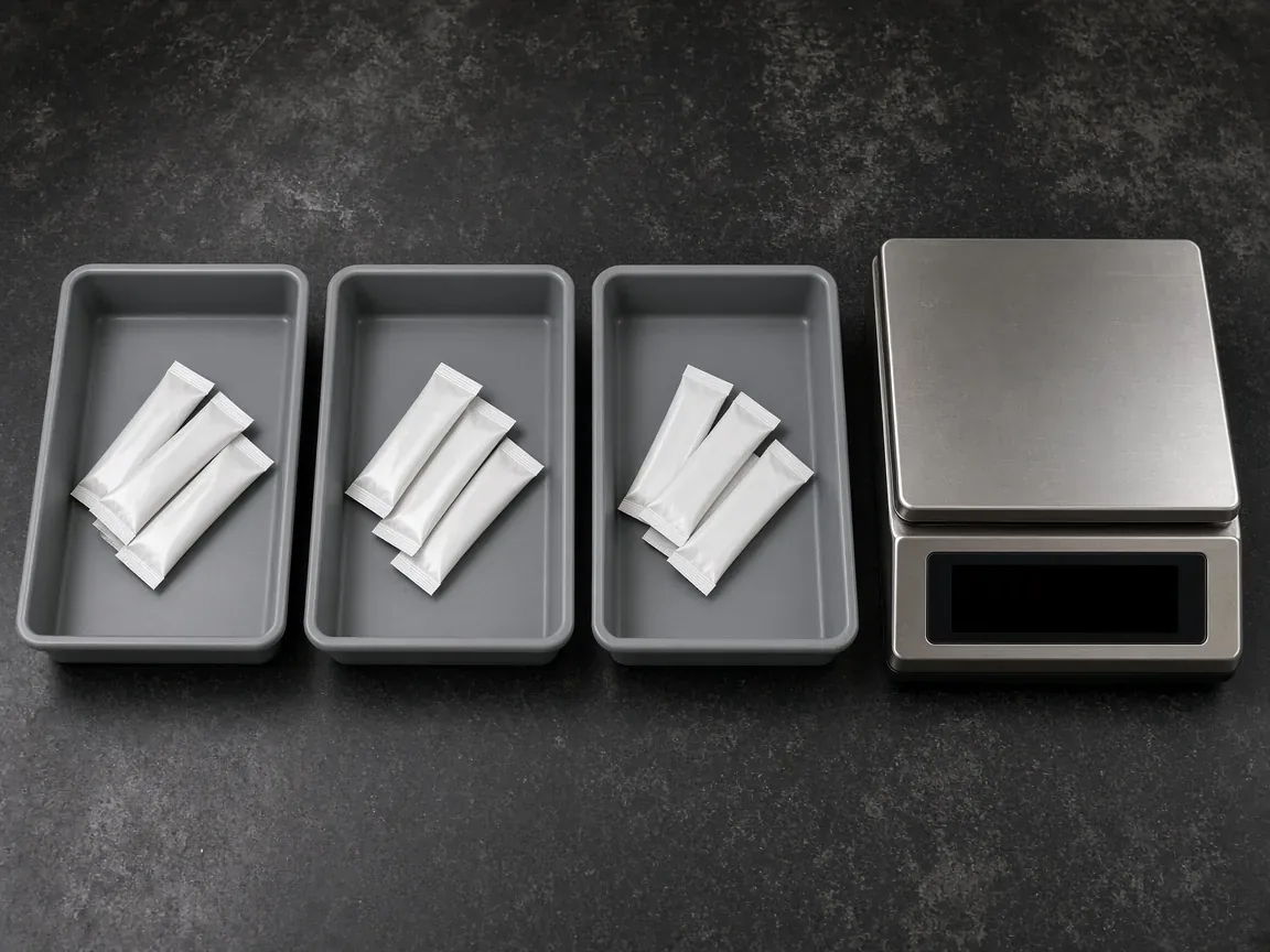 Three unmarked trays of blank stick packs beside a bench scale with a dark screen