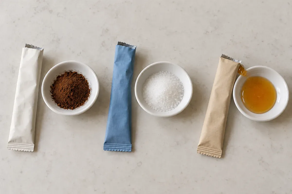 Three opened plain stick packs beside dishes of brown powder, white granules and amber gel