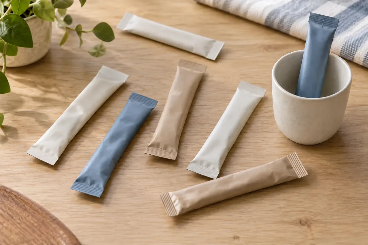 Six sealed, plain stick packs on a light wooden tabletop and one standing in a white ceramic cup