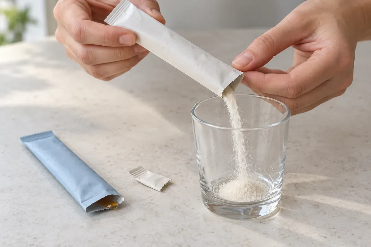Two hands pouring powder from an opened stick pack into a glass, beside a torn-off top strip and a flattened gel pack with residue at its open edge