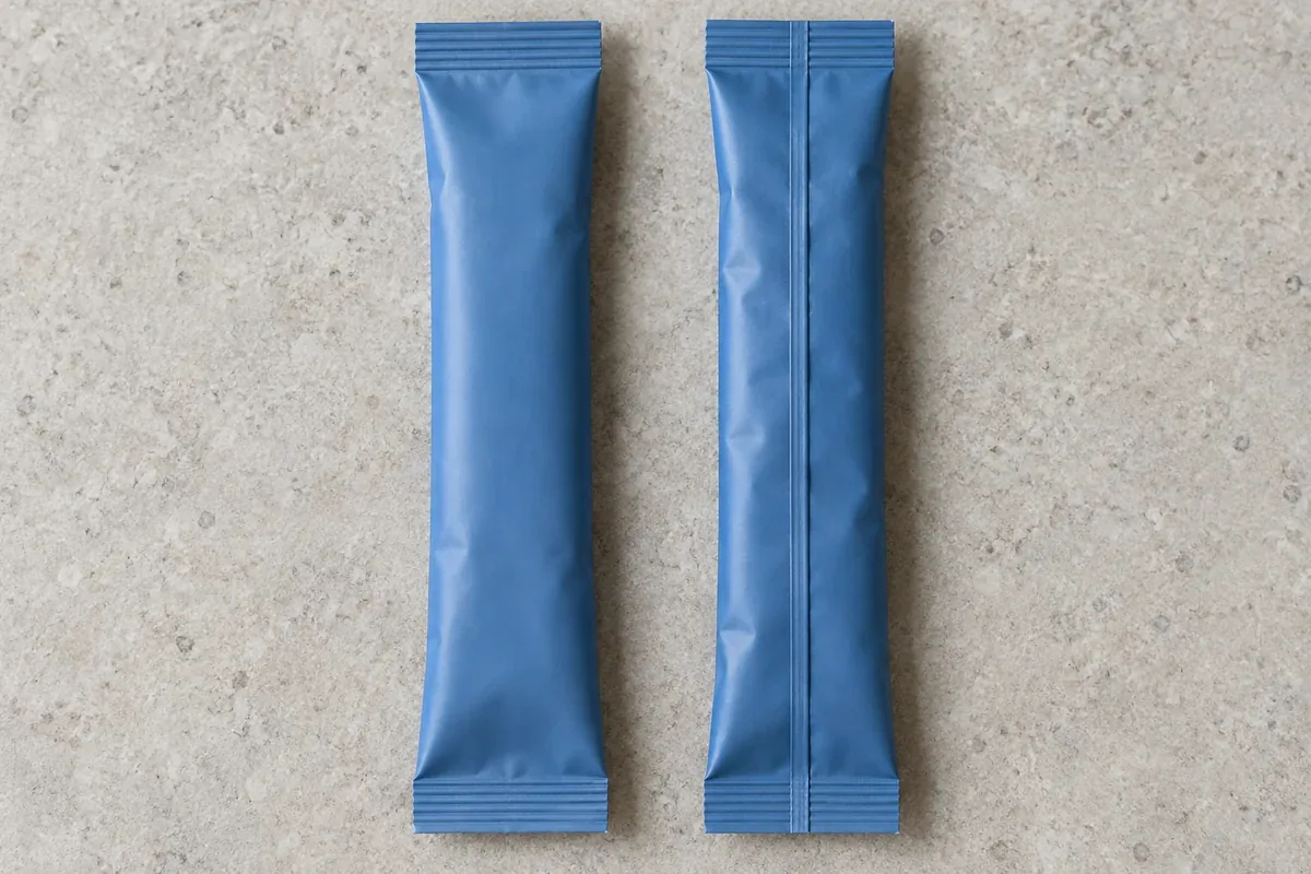 Front and back of two blue stick packs, showing one central back seam and crimped seals at both ends